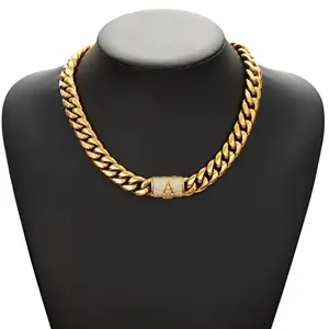 [Star Long]18K Vacuum-gold Plated 14mm A-Z Letters Miami Cuban Link Chain Hip Hop Jewelry Necklace or Bracelet with 5A+ Canada Zircon Jewelry Fashionable Accessory Valentines Birthday Gift for GF Men Women unisex Monaco Mexico & Micro Promise chains