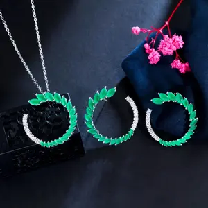 Marquise Cut Cubic Zirconia Half Round Leaf Necklace And Earrings Set For Women