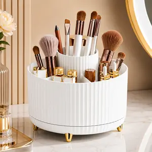 UFORU 360° Rotating Makeup Organizer 5 Compartments Luxury Stripe Cosmetic Brush Holder Multi-functional Desktop Storage Box for Brushes Lipstick Skincare Jewelry Stationery