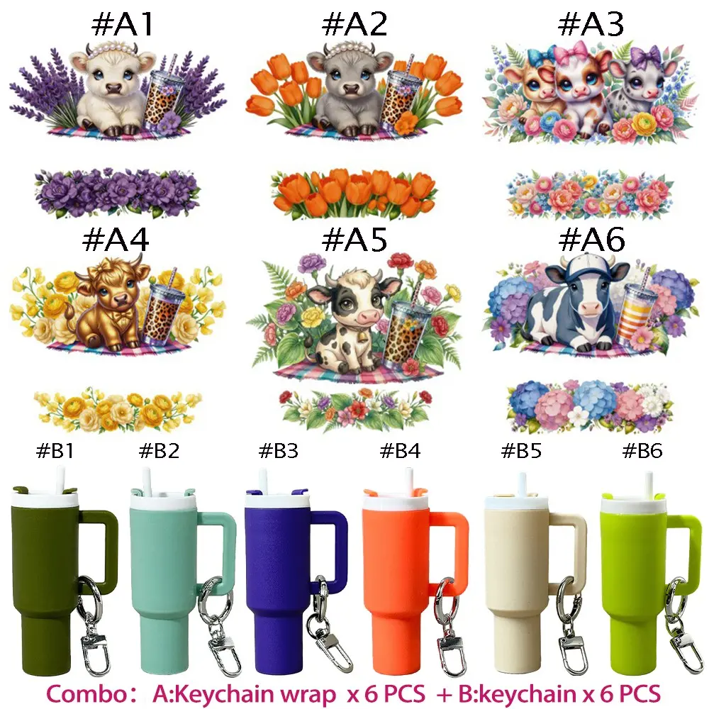12 in 1 DIY Cow and Flower Craft Kit, 6 Keychains + 6 UV DTF Stickers, Cute Keychain, Perfect for Bag Decoration, Ideal Gift for Holidays