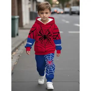 Boys' Baby 2-Piece Hooded Sweatshirt Set - Vibrant Spider Print, Soft Polyester, Breathable Fabric, Elastic Waist, Casual Autumn Indoor/Outdoor Wear
