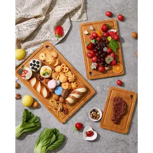 3-Piece Deep Carbonized Bamboo Cutting Board Set with Holder – Multi-Size Wooden Chopping Boards for Kitchen, Durable Butcher Block with Deep Juice Grooves & Built-in Handles, For Meat