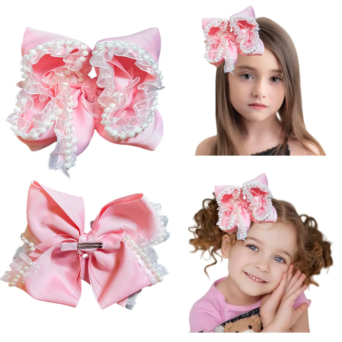 JoyBowie 2pcs 8 Inch Pink Pearl Hair Bows for Girls, Double Layer Satin Ribbon Bow Hair Clips with Alligator Clips, Boutique Hair Accessories for School, Parties & Everyday Wear