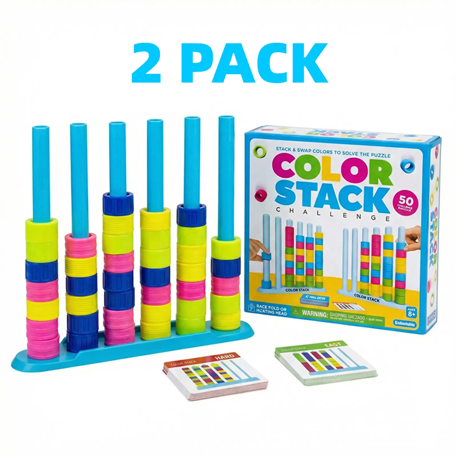 Color Stack Challenge: Fast-Paced Color Sorting Puzzle Table Game, 2-4Player Strategy Race with 50 Challenge Cards&1 Stack Racks& 40 Color Rings for Kids & Family