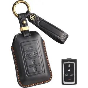 Key Fob Cover for Jeep Leather Key Case Keychain for Jeep Grand Wagoneer Grand Cherokee L 2022-2025 Car Key Holder (Black, 5 Buttons)
