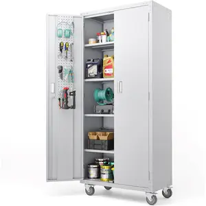 VINGLI 72'' Tall Garage Storage Cabinet, Metal Storage Cabinet with Wheels, Locking Doors and Adjustable Shelves (Gray, 32''W x 16''D x 72''H)