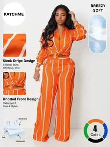 Katch Me Chic Women's Versatile Collared Knotted Stripe Long Sleeve Blouse & Wide Leg Trousers Co-ord, Relaxed Skin-Friendly Two Piece Sets, Minimalist Daily Outfit