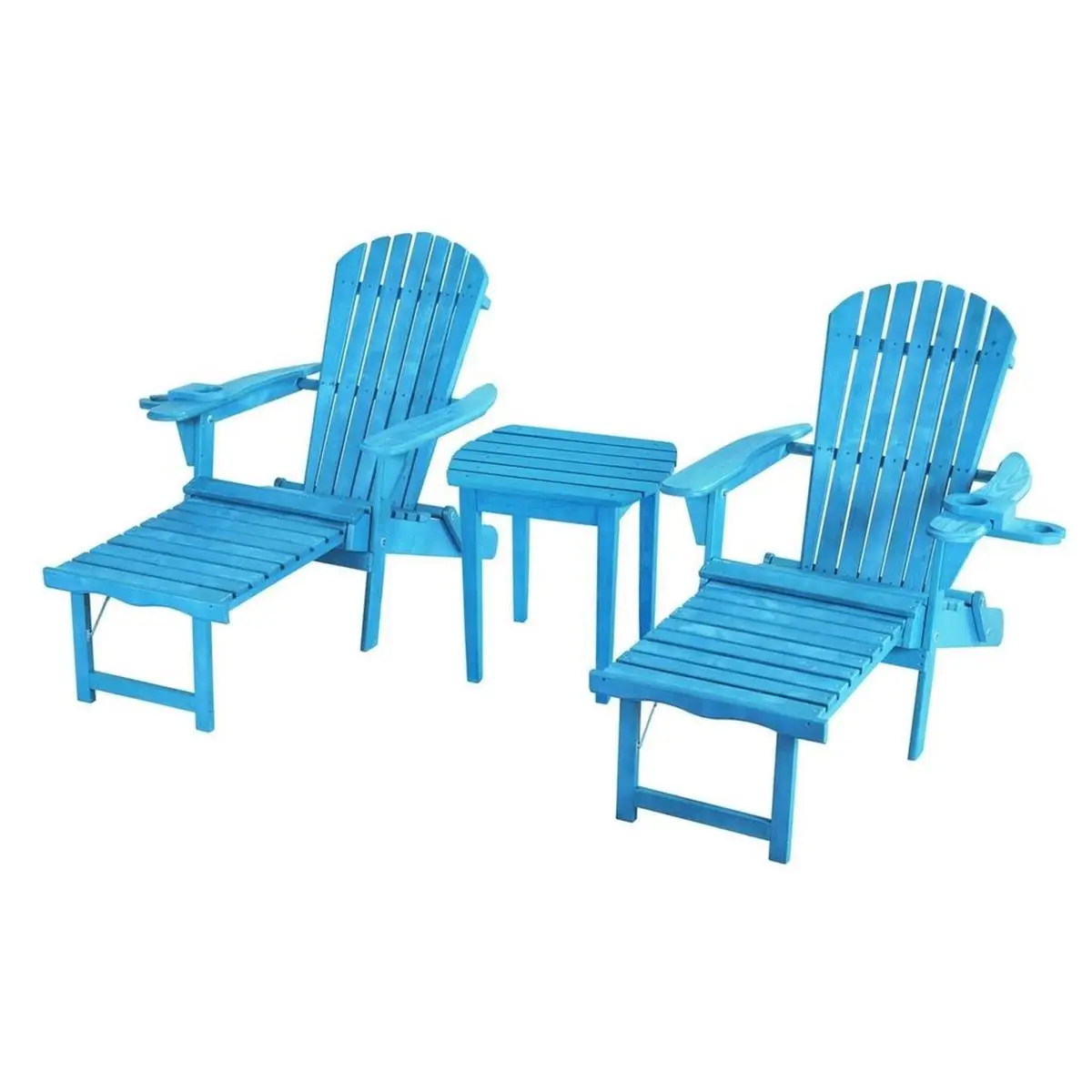 W Unlimited SW2005SB-CL2ET1 Set of 2 Oversized Ergonomic Wood Foldable Reclining Lounge Chair Sunloungers, Sky Blue, 15"H x 28"W x 28"D, 59 lbs, with Cup Holder, Plastic Foldable Frame & Glass Holder