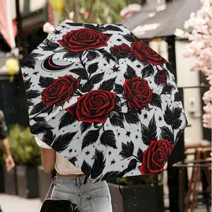 1PC Dark Style Red Rose & Moon Print Folding Umbrella, Retro Gothic Aesthetic, Windproof Waterproof UV Sun Rain Parasol, Compact Portable, Stylish For Daily Commute, Outdoor Travel, Fashion Outfit, Perfect Gift For Girls & Women
