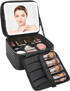 Cosmetic Train Case with Light up Mirror, Portable Makeup Artist Organizer Bag with Adjustable Dividers, Makeup Brush Holder Storage, Black