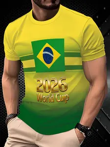 Brazil 2026 World Cup Memorial Flag Print Gradient Short Sleeve Men's Breathable Casual Football Fan T-Shirt, Sports Top, Brazil National Team Merchandise