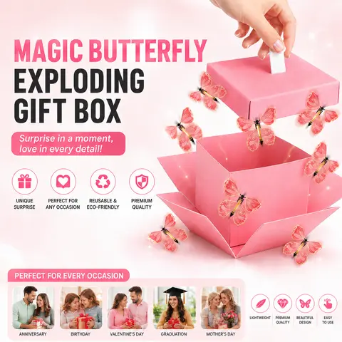 Pink Colorful Butterflies Themed Gift Box - Elegant Reusable Office Gift Wrapping Supply for Women, Birthdaygifts with Easy-to-Use Magical Touch Unbox Effect