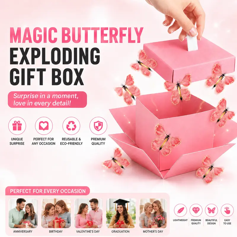 Pink Colorful Butterflies Themed Gift Box - Elegant Reusable Office Gift Wrapping Supply for Women, Birthdaygifts with Easy-to-Use Magical Touch Unbox Effect