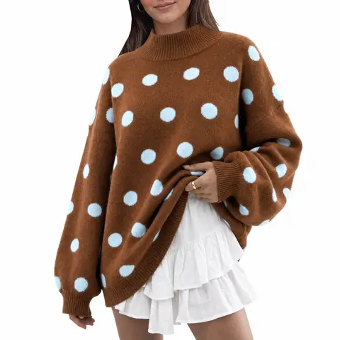 Imily Bela Oversized Womens Sweaters Mock Neck Polka Dot Batwing Long Sleeve Fall Trendy Ribbed Knit Casual Tunic Sweater