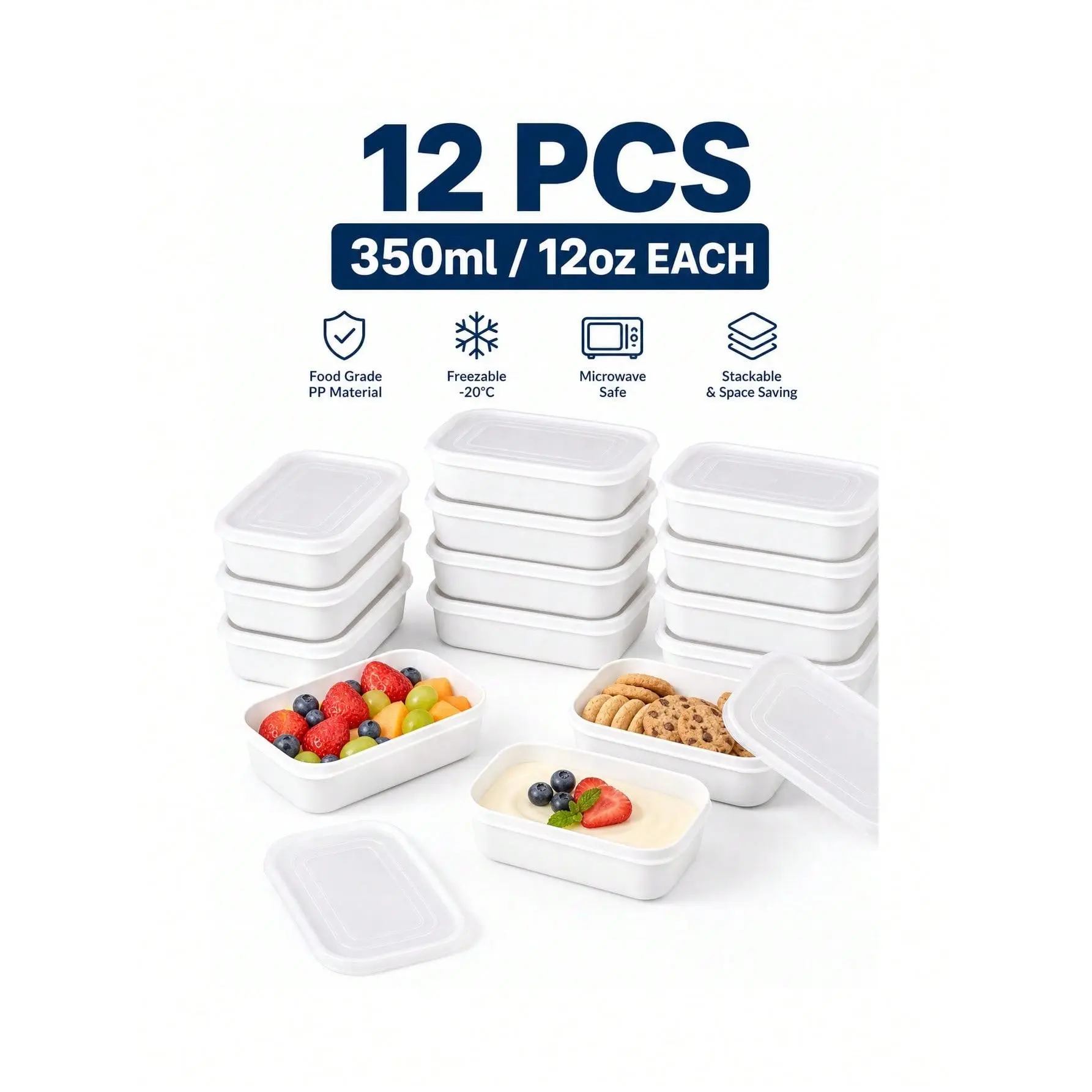 12-Piece Kitchen Plastic Rectangular Food Storage Containers, 350ml/12oz White Small Meal Prep Boxes with Clip Lids for Fruit, Pudding