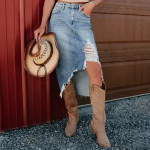 Dear Lover Women’s High Waist Irregular Distressed Bottom Denim Midi Skirt, Western Fashion Frayed Jean Skirt