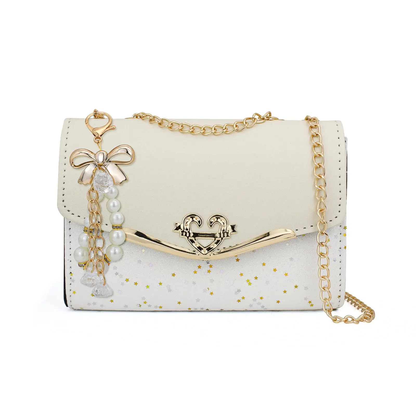 Elegant Women's Crossbody Bag with Pearl & Rhinestone Embellishments, Golden Chain Strap, and Glittery - Clasp Closure, Polyester Lining - Jewelry Handbag | Decorative Clasp Handbag | Bag-With a heart-shaped keychain