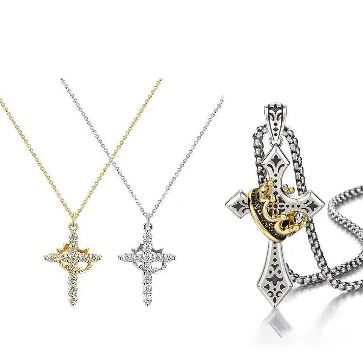 3-Crown Sparkling Cubic Zirconia Cross Pendant Jewelry Necklace, Box Chain Faith Necklace for Teenagers, Family Gift & Daily Wear, Gift For Loved One, Regal Crown