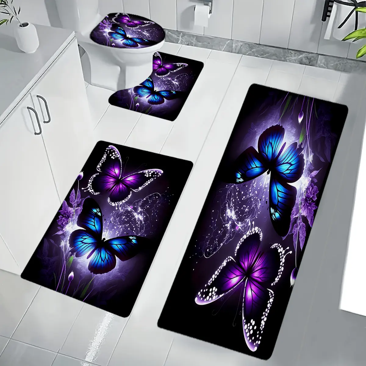 4pcs/ Set Purple Butterfly Printed Bathroom Protective Pad Set, Non-slip Bathroom Mat, Flannel Bathroom Mat, Bathroom Floor Mat, Toilet Mat Universal Soft Comfortable, Home Decoration, Winter Decoration