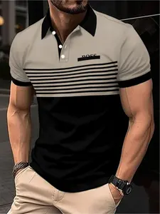 Men's Summer Mesh Geometric Pattern Stripe and Letter Print Comfortable Thin Breathable Short Sleeve Regular Fit Shirt