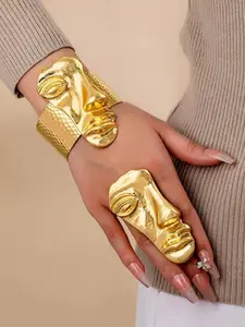Abstract Mask Design Bracelet, Ring, and Bangle Set, Women's Fashion Jewelry, Large Metal Rings, Elegant Jewelry Set, Fashionable Jewelry Set, Stylish Accessories