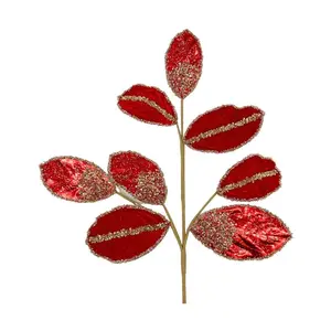 Red Metallic Velvet Magnolia Leaves Spray (set of 2)