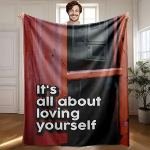 1 piece The concept of self-love and self-care themed flannel blanket - All-season comfortable flannel blanket, modern design style, suitable for sofas and beds, digitally printed pattern, super soft and warm, 100% polyester material, machine