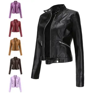 New Women's Short Stand-collar Fitted Comfortable Thin Leather Jackets, Leather Outerwear Coats Tops for Spring Autumn, Black Ladies Womenswear