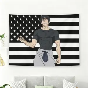Jujutsu Kaisen Toji Fushiguro Anime Black and White American Flag Wall Flag, Manga Character Tapestry, Black Flash Style Room Decor for Fans