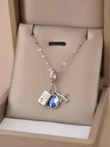 Stainless Steel Necklace for Women, Fashion Airplane Earth Heart Pendant Jewelry, Elegant Ladies Accessory for Daily Wear, Hypoallergenic Jewelry