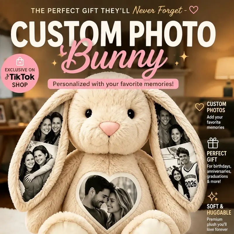 Personalized Photo Bunny Stuffed Animal, Custom Picture Toy with Name, Photos & Message, Memorial Birthday Gift for Girlfriend, Stuffed Animals, Gifts For Girlfriend
