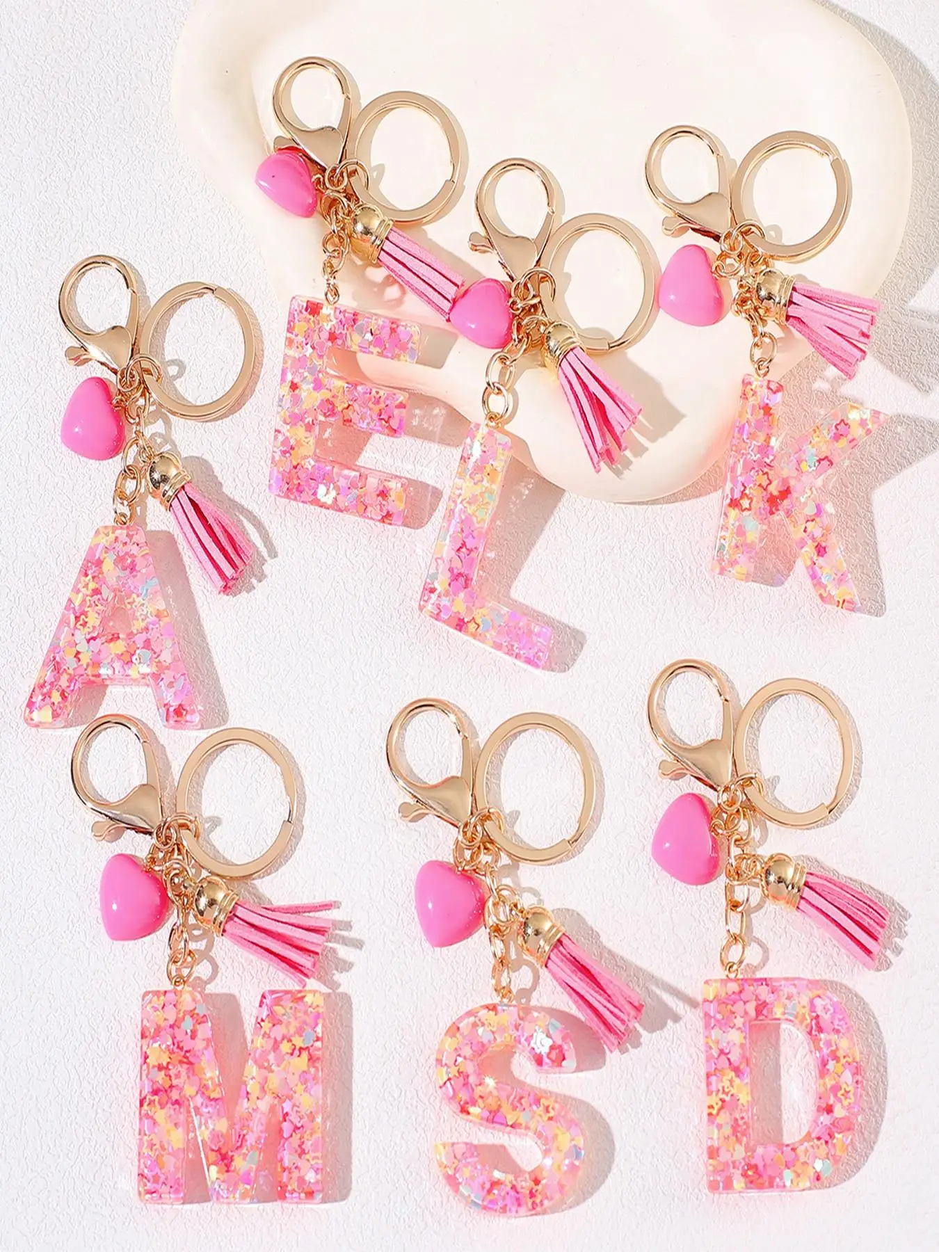 1pc Alphabet Initial Letter Stylish Keychain Accessories Cute Heart-shaped Resin Pendant with Key Ring Bag Backpack and Car Keychain Jewelry Hanging C