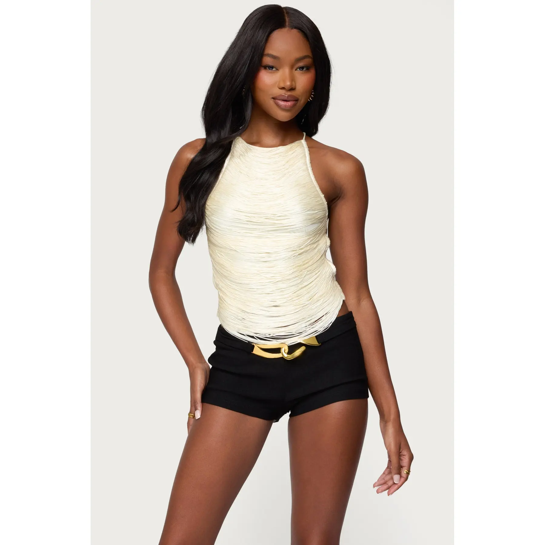 Kalana Crisscross Backless Fringed Top Kalana Crisscross Backless Fringed Top