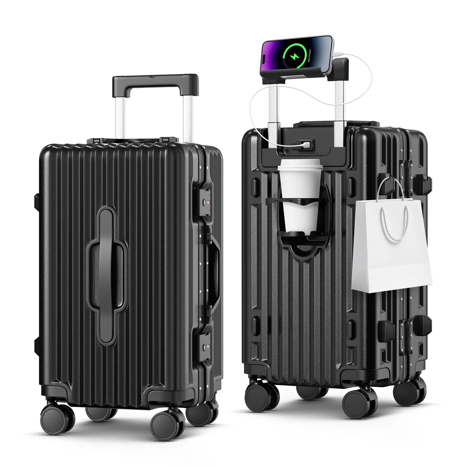20 Inch Carry On Luggage, Zipperless Luggage with Cup Holder and USB Port, TSA Lock Hardside Suitcase, ABS+PC Shell, Aluminum Frame, 360 Spinner Wheels, Phone Holder, Side Hooks, Travel Essentials, Power Bank Not Included，College Move-In