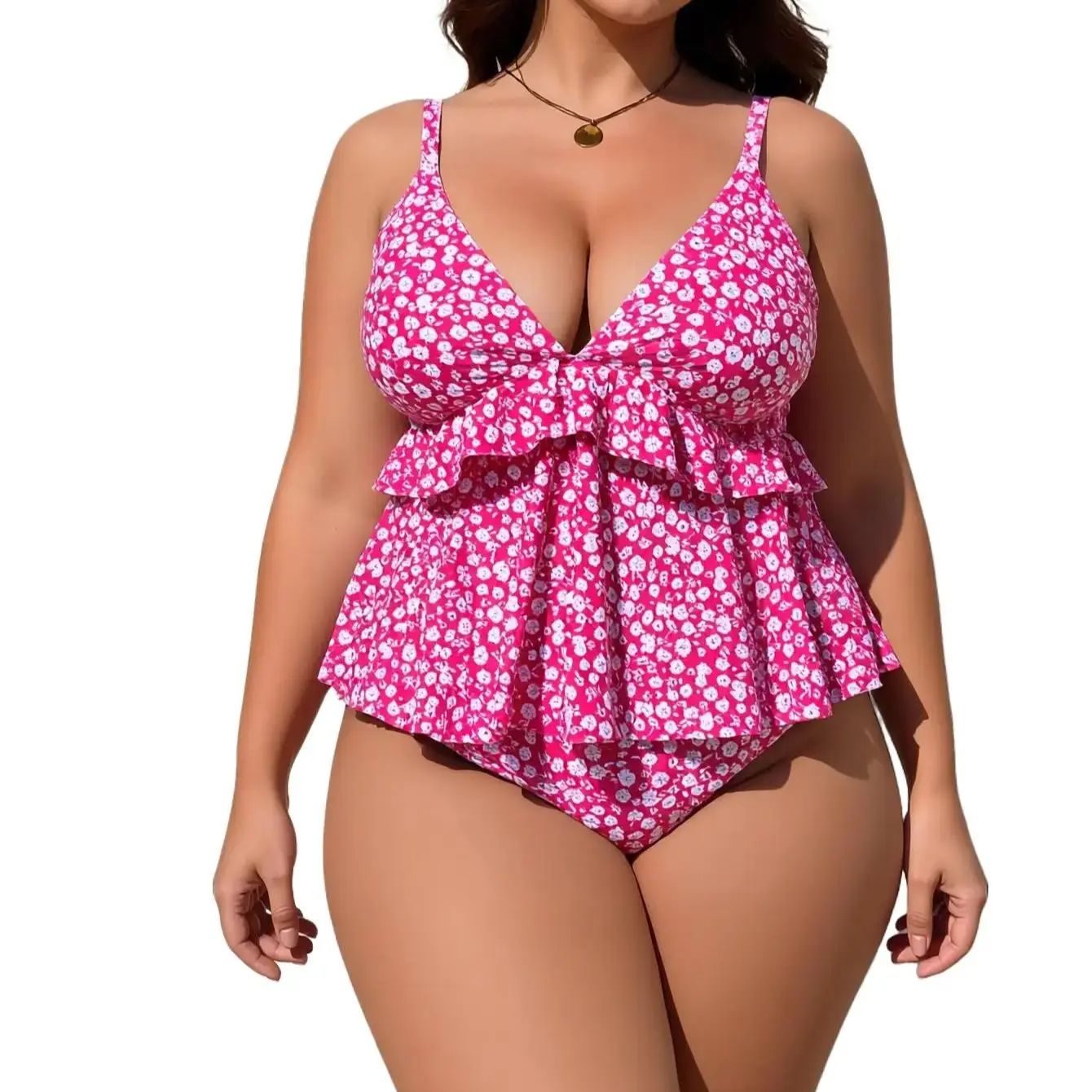 Plus Size Pink Floral Ruffle Tankini Set, V-Neck Tiered Flounce Two-Piece Swimsuit, Tummy Control Slimming Swimwear for Women Beach Pool Vacation