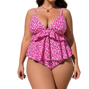 Plus Size Pink Floral Ruffle Tankini Set, V-Neck Tiered Flounce Two-Piece Swimsuit, Tummy Control Slimming Swimwear for Women Beach Pool Vacation