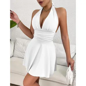 Womens Sexy Halter Dress Deep V Backless Flowy Adjustable Tie Neck White Dress Ruffle Hem Club Party Mini Dresses