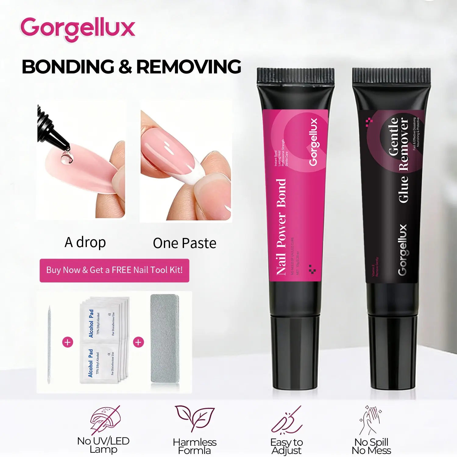 Professional False Nails Glue and Remover Kit, 2-in-1 Long-Lasting 30+ Day Hold Nail Bond with Gentle Plant-Based Remover, No Bubbles Quick Bonding Adhesive for Press On & Fake Nails, for DIY Nail Art, Home Nail Art, Nail Art Accessories