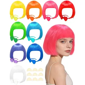 9 Pieces Colorful Short Bob Wigs and 9 Pcs Heart Sunglasses Set, Colored Hair Wig for Women Cosplay Costume Party (Multicolor)2026