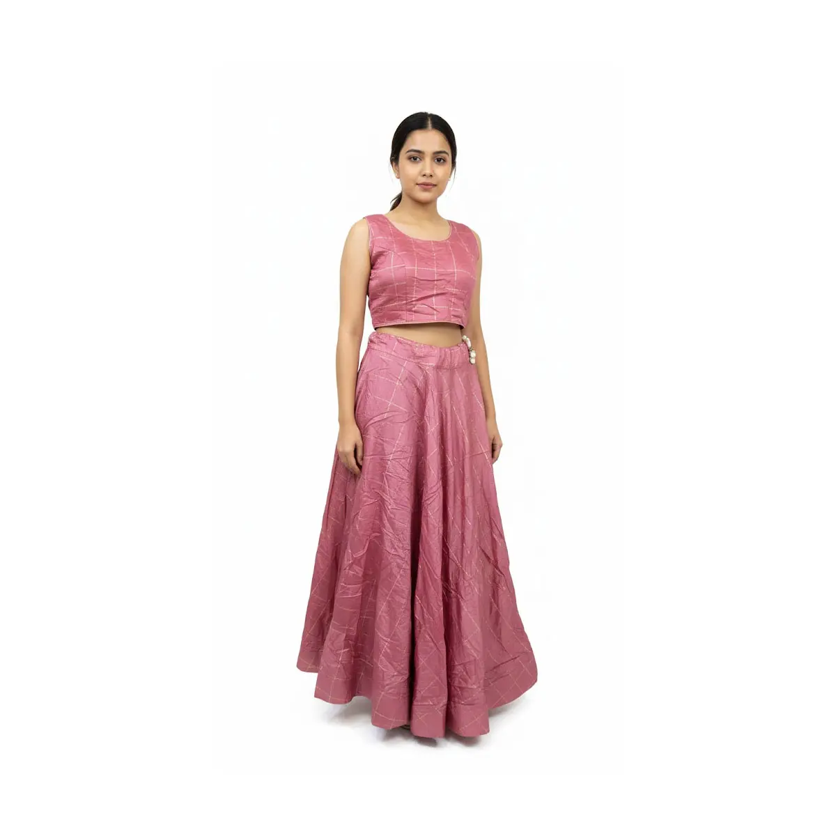 #K3 Rose Pink Zari-Check Lehenga Set (Crop Top + Flared Skirt)