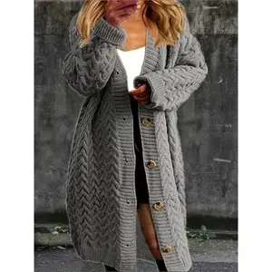 Plus Size Knit Sweater Cardigan with Buttons, Solid Color Long Robe, Fitted Design for Fall & Winter, Moderate Fabric Thickness
