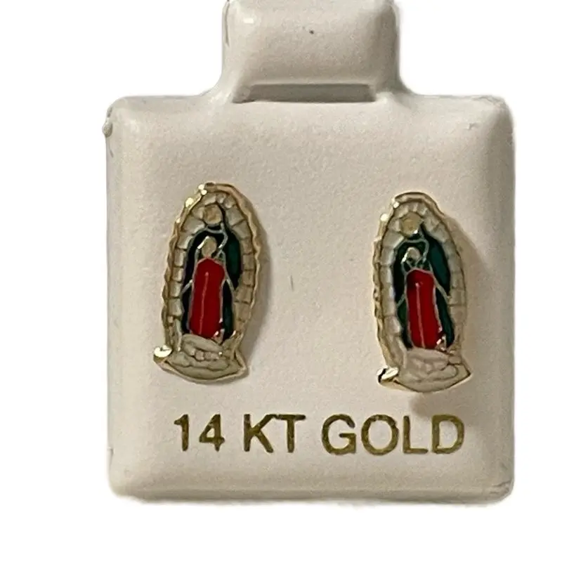 14k Gold Virgen de Guadalupe Earrings with Red Enamel Accents and 14 KT Gold Markings