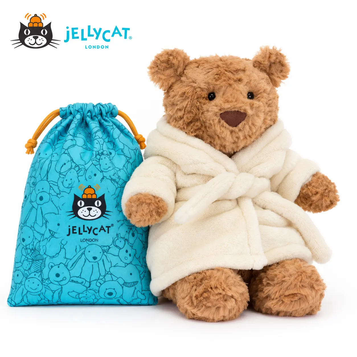Official Jellycat Bartholomew Bear Bathrobe Plush – Ultra Soft Teddy Bear in Cozy Cream Robe, Adorable Cuddly Stuffed Animal, Collectible Plush Toy, Birthday & Holiday Gift for Kids & Plush Lovers