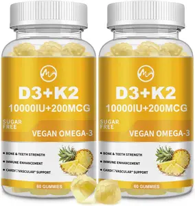 Vitamin D3 K2 Gummies 10000IU with K2 MK-7 200mcg - 6-in-1 Vitamin D3 and K2 Supplement with Omega-3 for Women and Men - Supports Bones, Teeth and Immune System - Sugar Free Formula - 2 Pack
