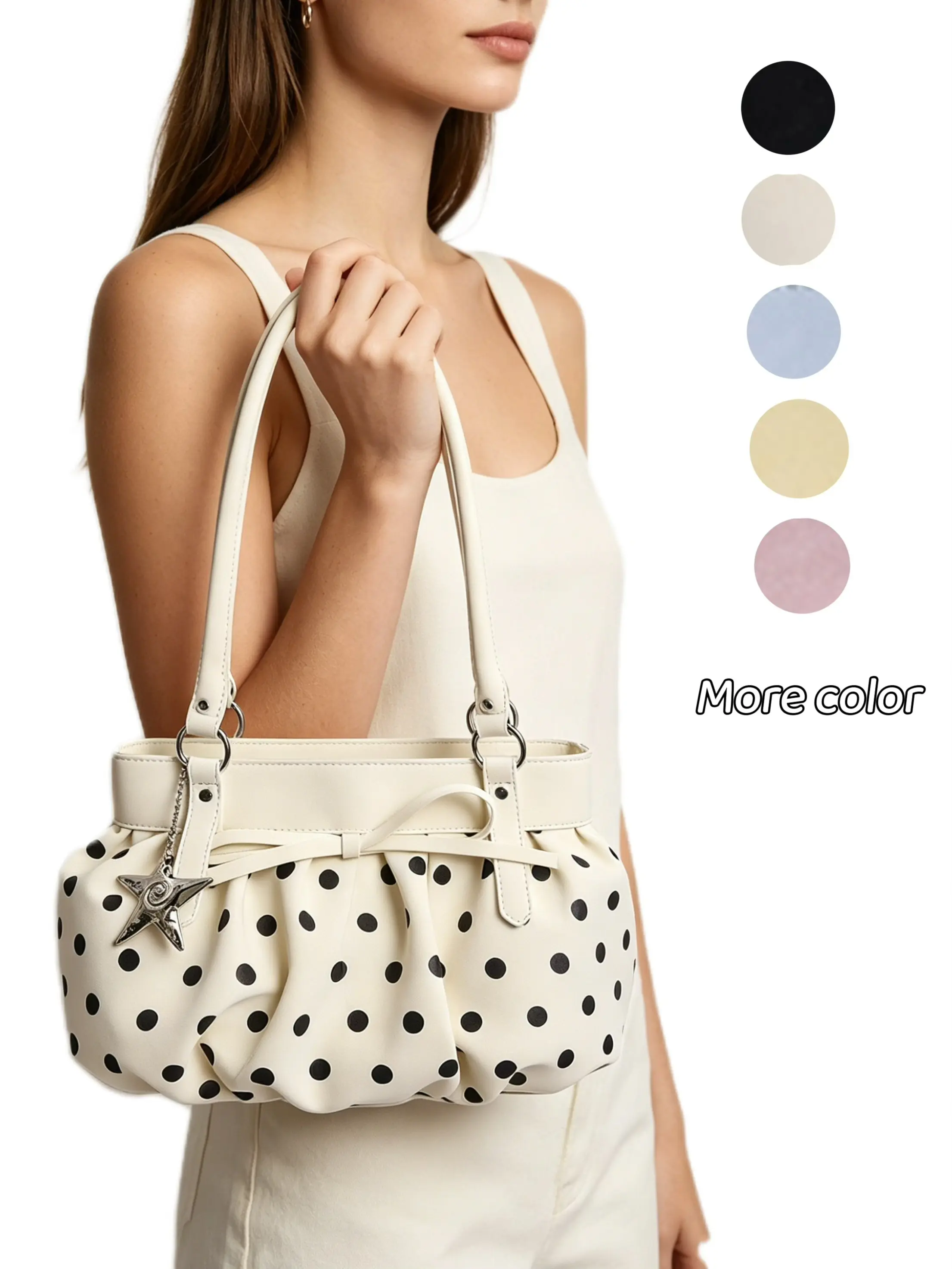 Elegant Women's Polka Dot Pleated Shoulder Tote Bag, Butterfly Knot & Star Charm, Fashionable Durable Large Capacity, Daily/weekend Use, Fashionable Purse, Fashionable Casual Bag, Fashionable Patterned Bag