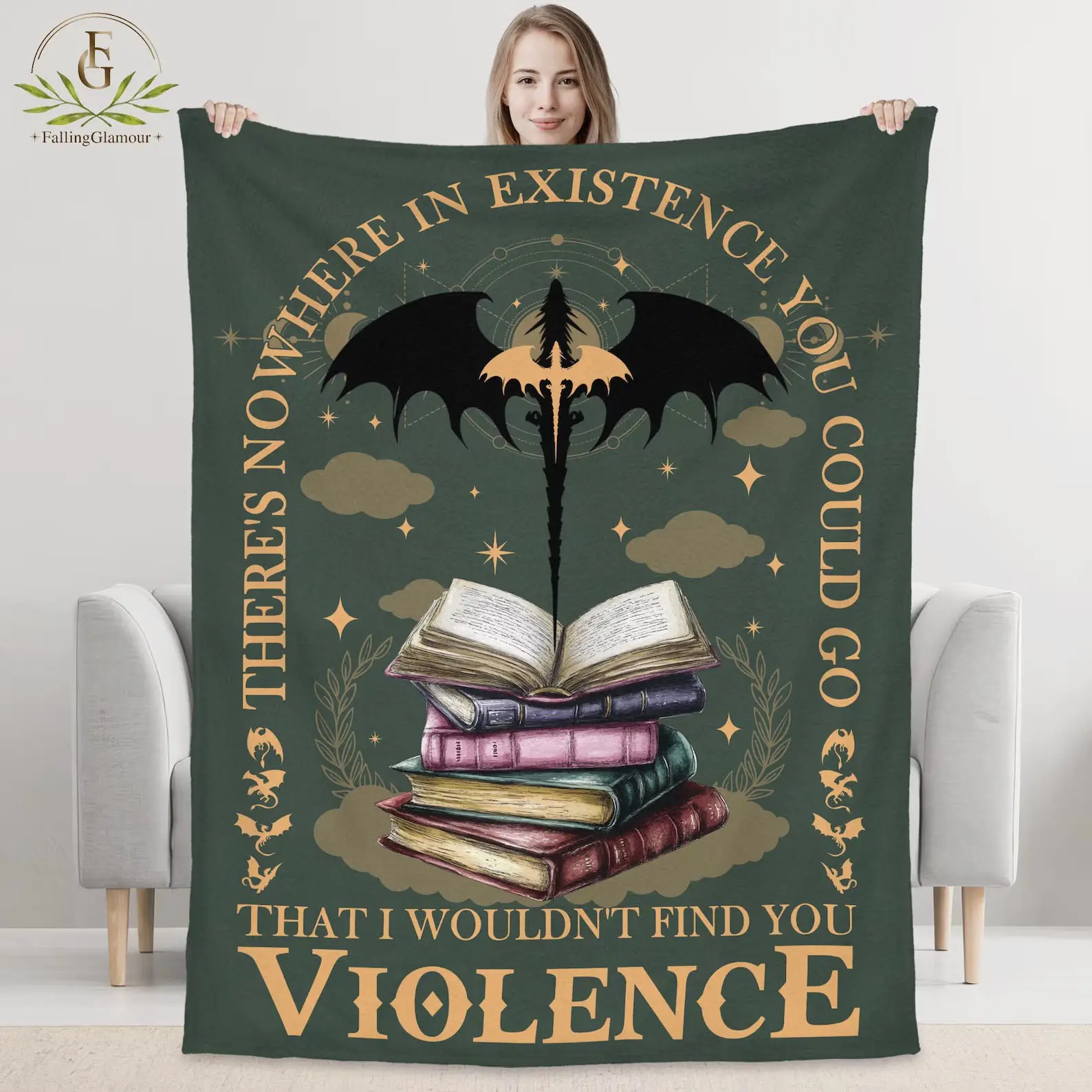 50''X60'' Fourth Wing Fantasy Romance Reader Gift Blanket, Geometric Pattern, Vintage Style, Polyester 100%, Digital Printing, Flannel Fabric, Quilting Craftsmanship, 250-300 G/ ㎡ , Mixed Color, Dragon Rider, For Her, For Book Lover Whimsical