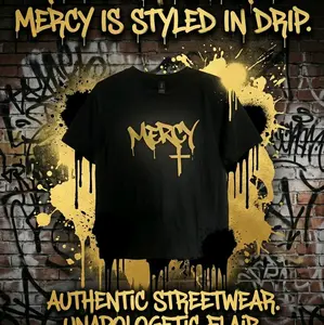 Mercy Streetwear T-Shirt - Authentic Drip Design, Black with Gold Accents, Unapologetic Flair, Perfect for Streetwear Enthusiasts Gildan softstyle g6000 t shirt, Rizzi Ink Brand