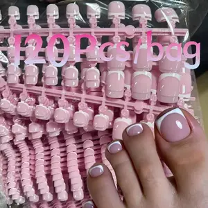 120 Pieces French Pedicure Nails, 5 Colors Short Square Wearable Toe Nails, Edge Design, Perfect for Summer, Beach, Pool, Parties, Fake Nail Tips