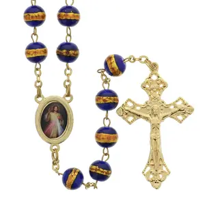 Royal Blue & Gold Divine Mercy Rosary, Large Glass Beads, Handmade in Italy, Custom Design