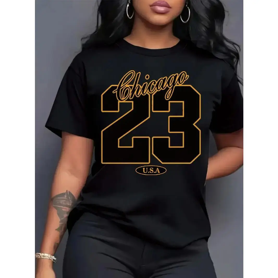 Women's 100% Cotton Black Long-Sleeve Fitted Lady Tee - Smooth Fabric, Printed Chicago 23 Graphic, Sporty Fit, Streetwear Top for Casual Daily Wear & Urban Outings (Short-Sleeve Option Available)